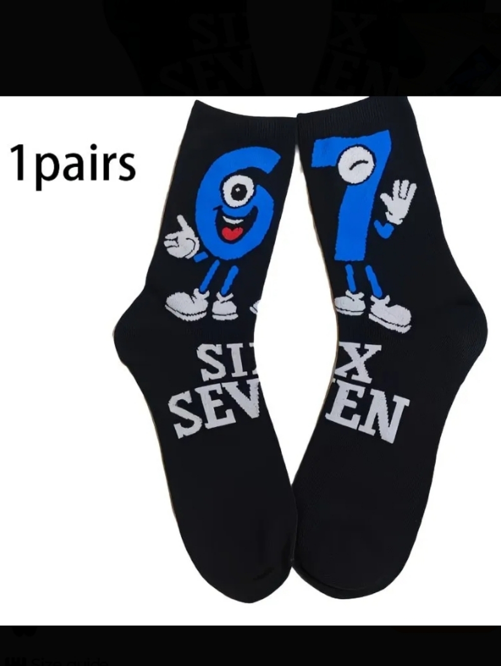 Men's Black Crew Socks with Blue '6' & '7' Character Graphic